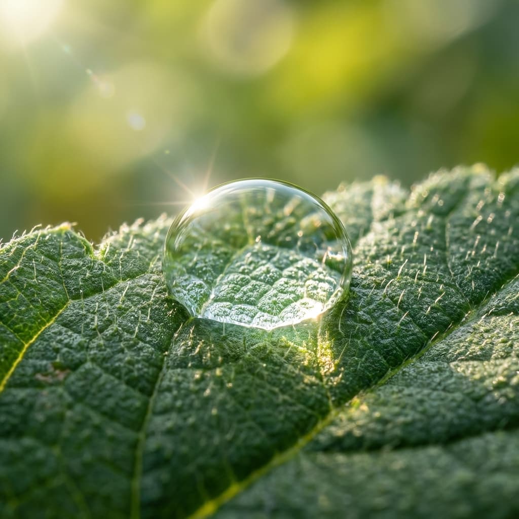 Close-up macro de hoja con gota de agua mostrando hidrofobicidad