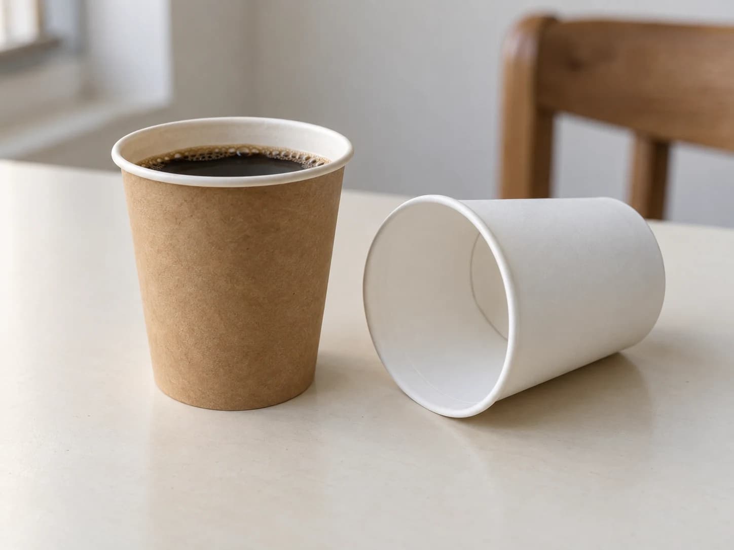 Vasos de cartulina kraft y blanca, uno con café
