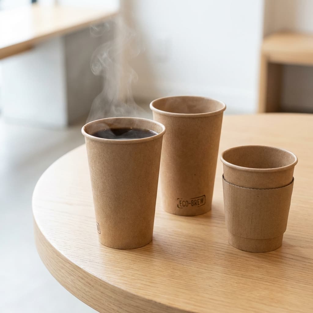 Vasos de papel kraft, uno con una bebida caliente